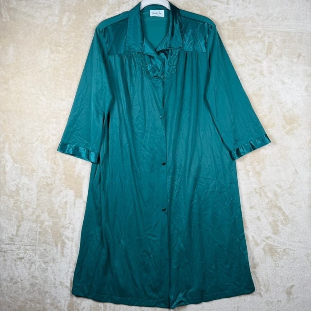 Vintage Vanity Fair Women M‎ Teal Green Nylon Tricot Robe Nightgown Button Front